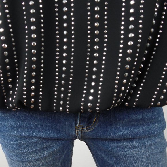 ALFANI Top M/10 Party Blouse Black with Silver Studs Bubble Hem 3/4 Flared Slvs - Picture 6 of 12